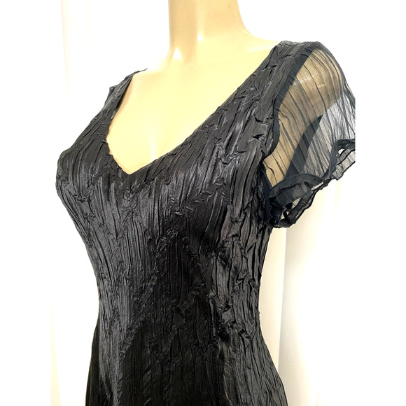 Komarov Dress Midi Black Short Sheer Sleeve Fit Flare Satin V Neck Solid L - Picture 6 of 8